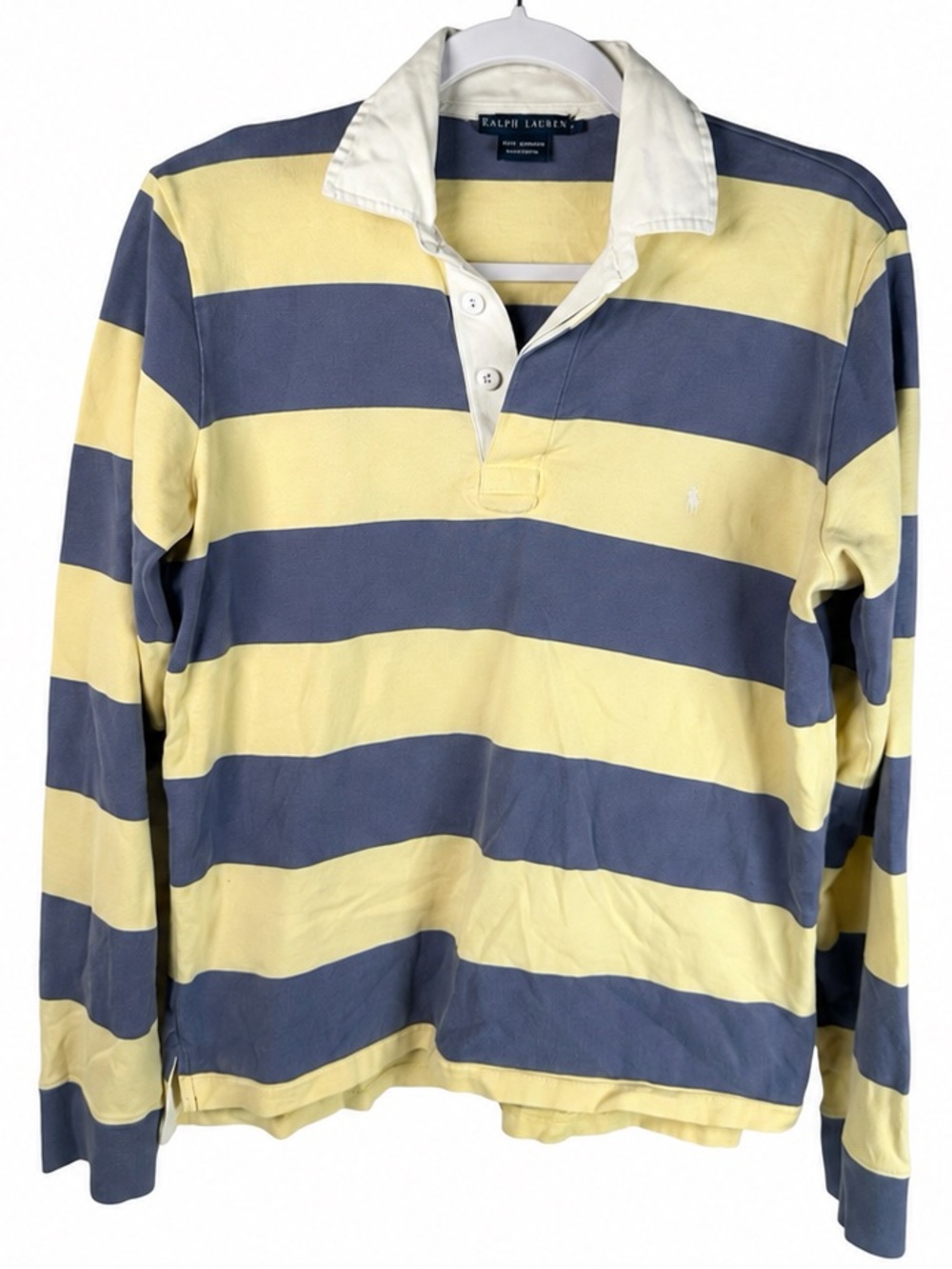 Vintage 90s Ralph Lauren Cropped Rugby Shirt large Blue Yellow Striped Cotton